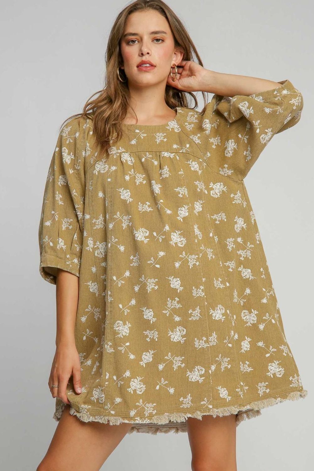 Umgee Raw Hem Floral Print Round Neck Denim Dress