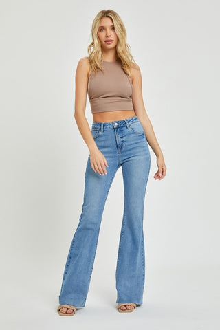 Full Size High Rise Raw Cut Hem Bootcut Jeans