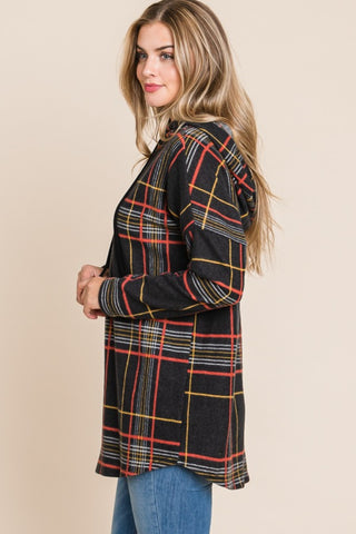 BOMBOM Drawstring Plaid Long Sleeve Hoodie