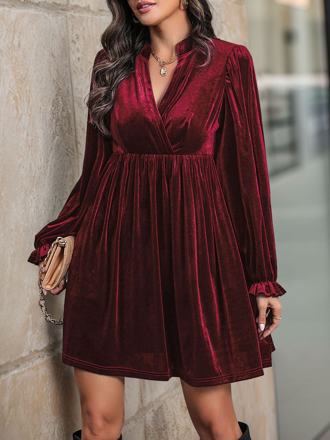 Perfee Ruched Surplice Long Sleeve Mini Dress