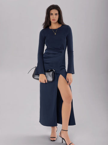 Split Round Neck Long Sleeve Midi Dress