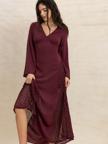 Lace Patchwork V-Neck Long Sleeve Midi Dress