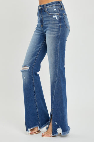 Full Size High Rise Front Slit Frayed Hem Flare Jeans