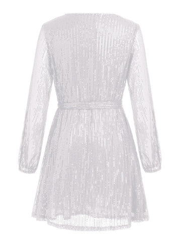 Sequin Tie Waist Long Sleeve Mini Dress