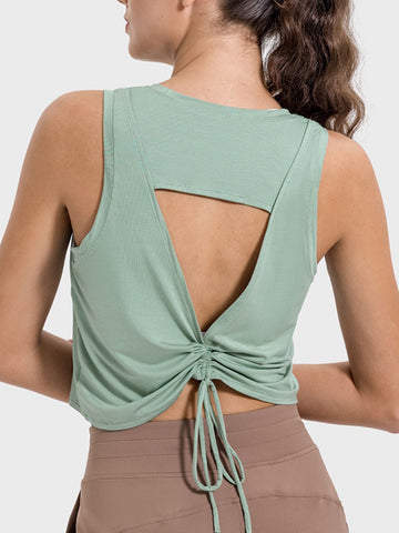 Drawstring Cutout Round Neck Active Tank